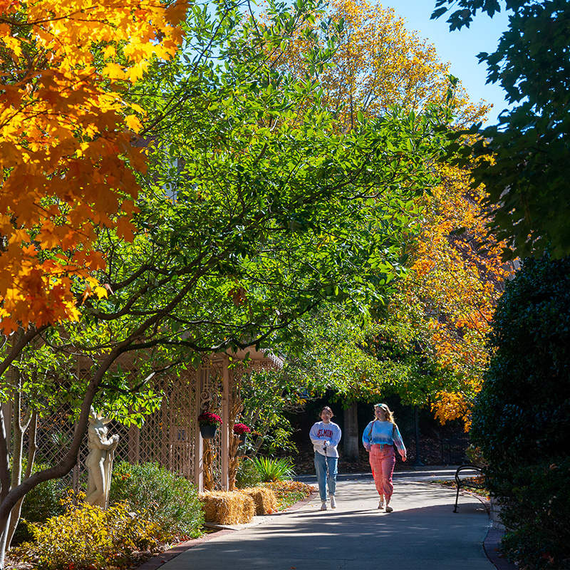 Two female students walking down a sidewalk in the fall