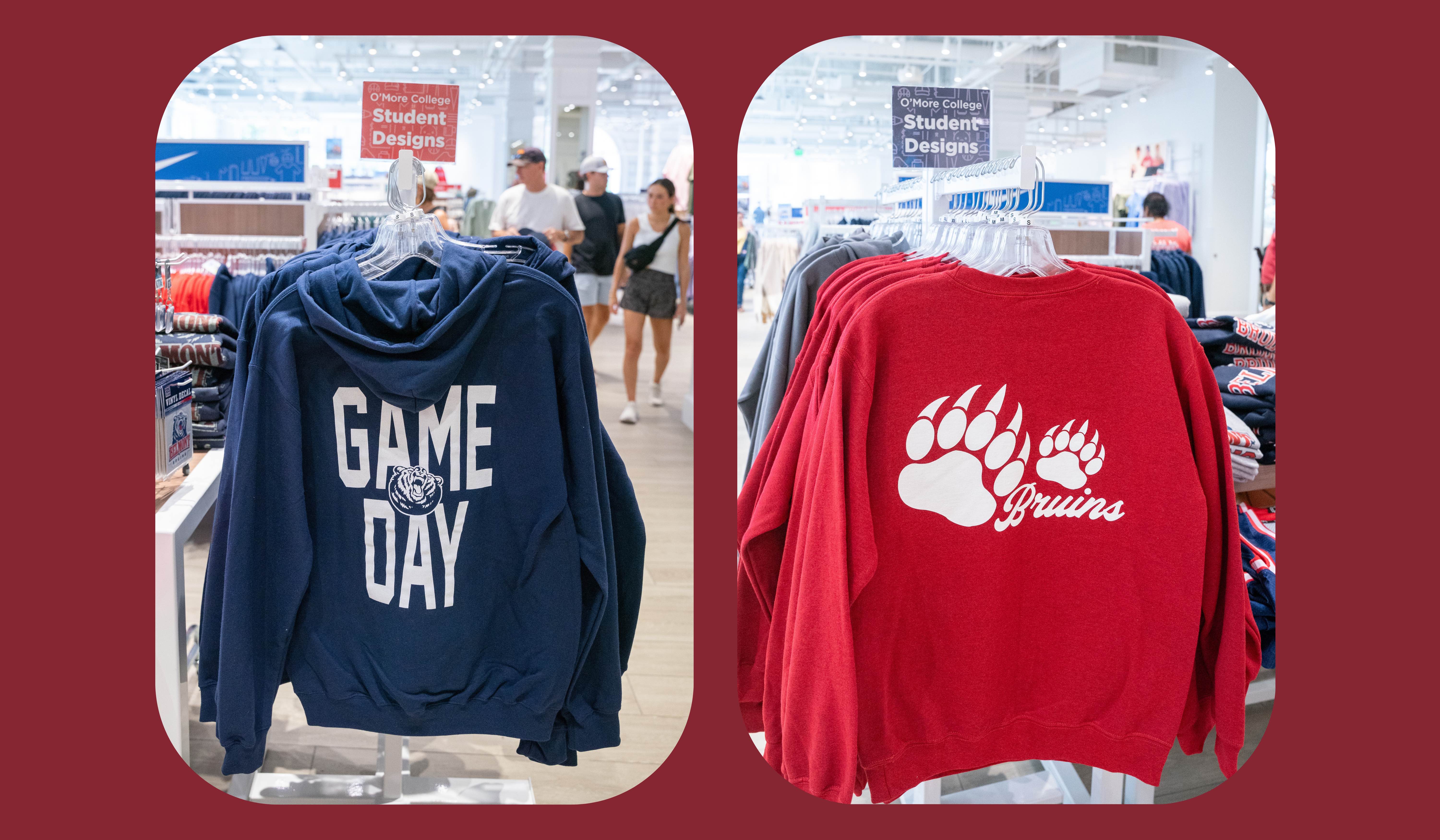 Two images of athletics designs created by O'More students: a navy sweatshirt that says "Game Day" and a grey sweatshirt with graphics on it