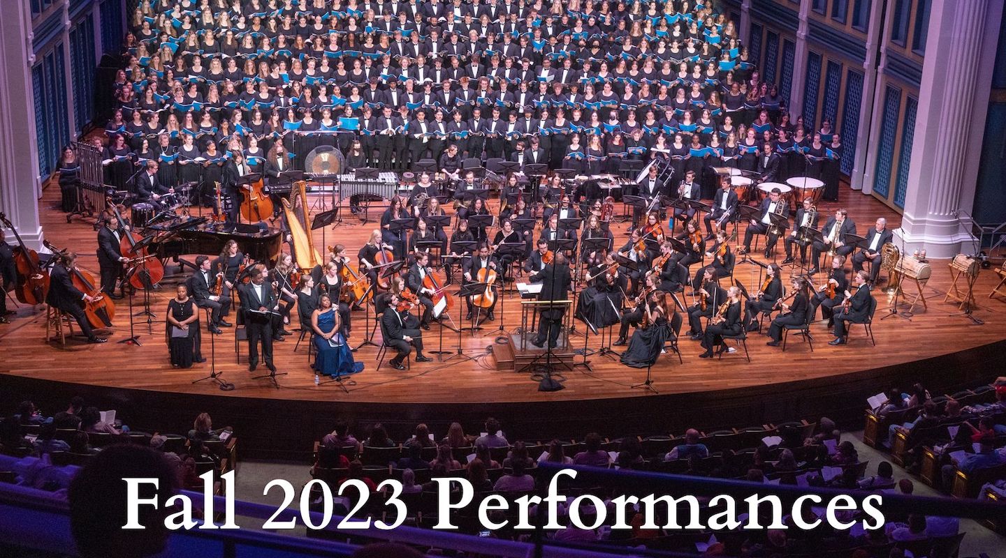 Fall 2023 Performances over a photo from a previous performance of Christmas at Belmont