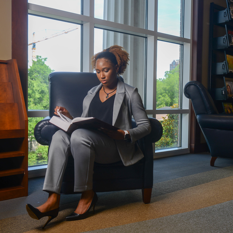 Law student in the law library at Belmont University.