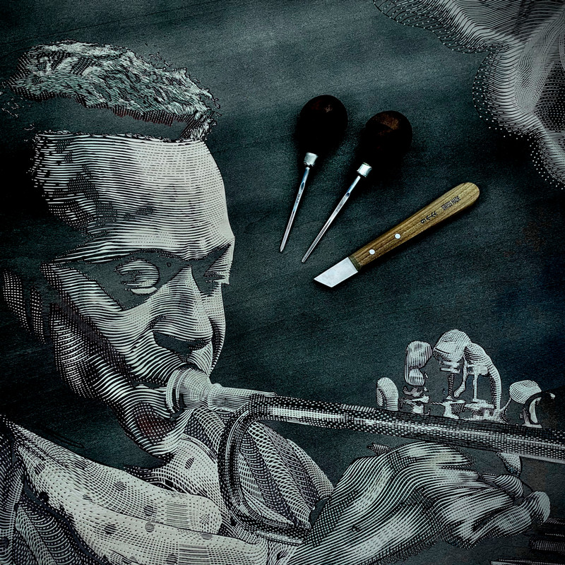 Jazz muscian rendered in printmaking