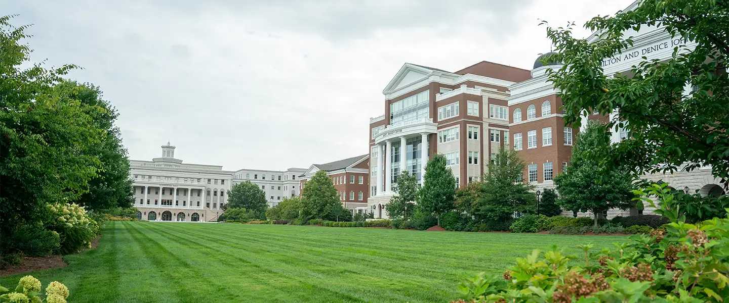 An outdoor picture of Belmont campus looking out across lawn