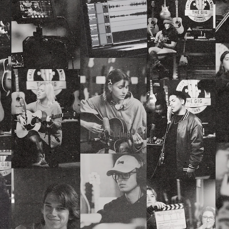 Collage of black & white image of behind the scenes making of Belmont Tracks