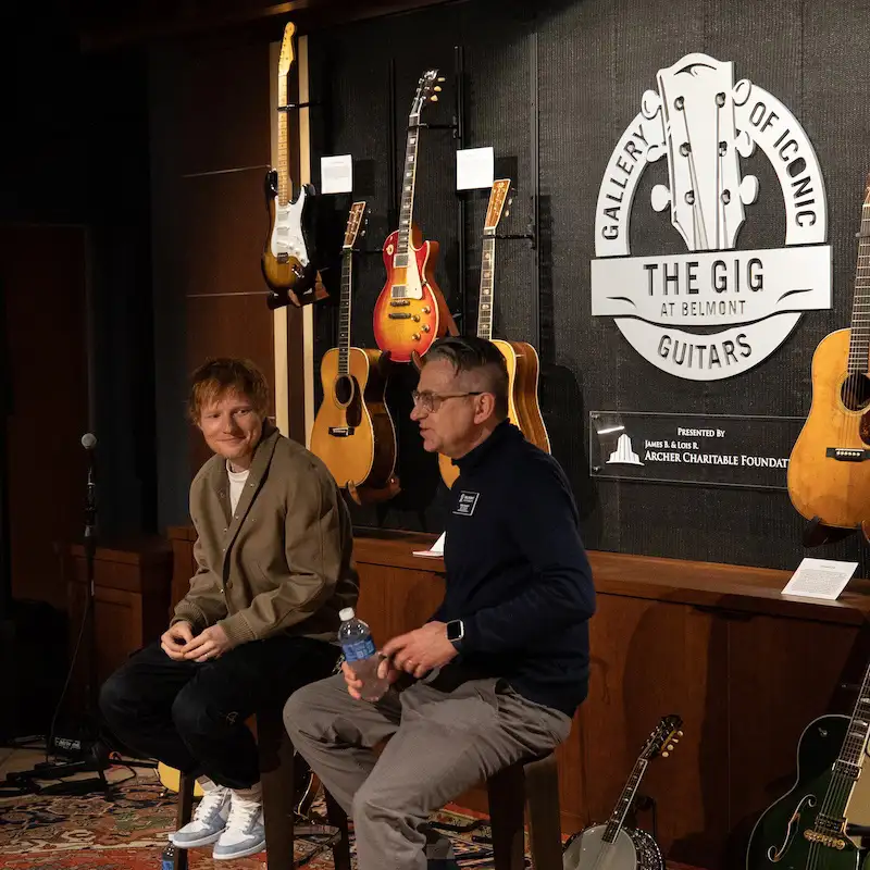 Ed Sheeran with Drew Ramsey at The Gallery of Iconic Guitars at Belmont