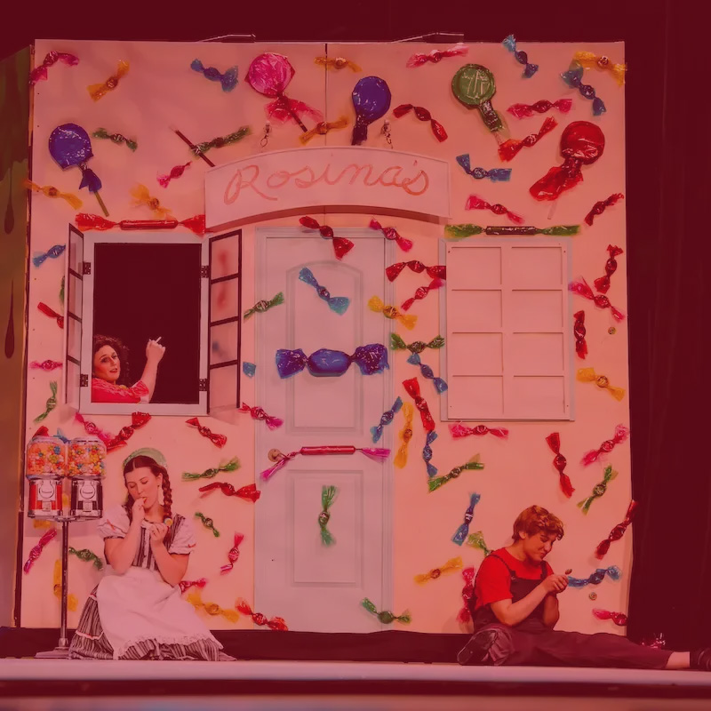 Hansel, Gretel and the Witch in a candy house in “Hansel and Gretel” opera