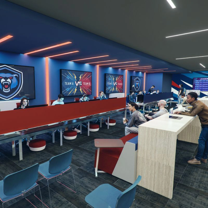 Rendering of the esports lounge arranged for a competitive match between two teams