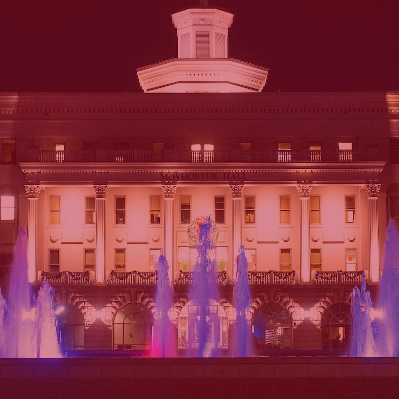 Freedom Fountain lit at night