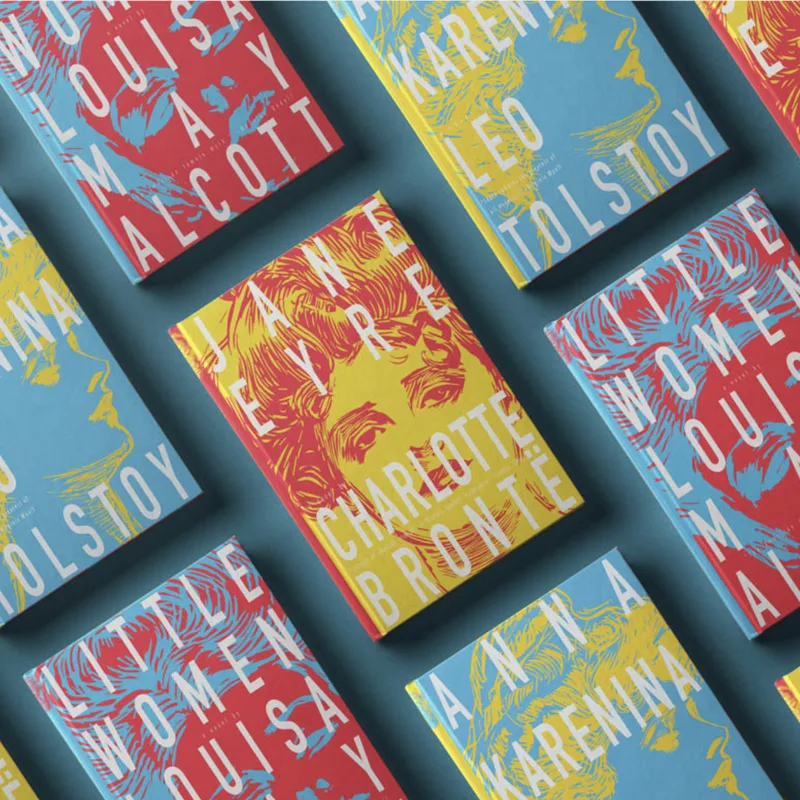 Collection of colorful book covers arranged diagonally on a teal background, featuring bold typography and artistic portraits with red, yellow, and blue color schemes. The covers display classical literature titles with modern graphic design elements including striped patterns and white text.