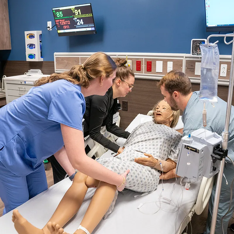 Three students engage in a cardiopulmonary simulation with a patient mannequin in a healthcare setting. They are working on positioning the mannequin and monitoring vital signs.