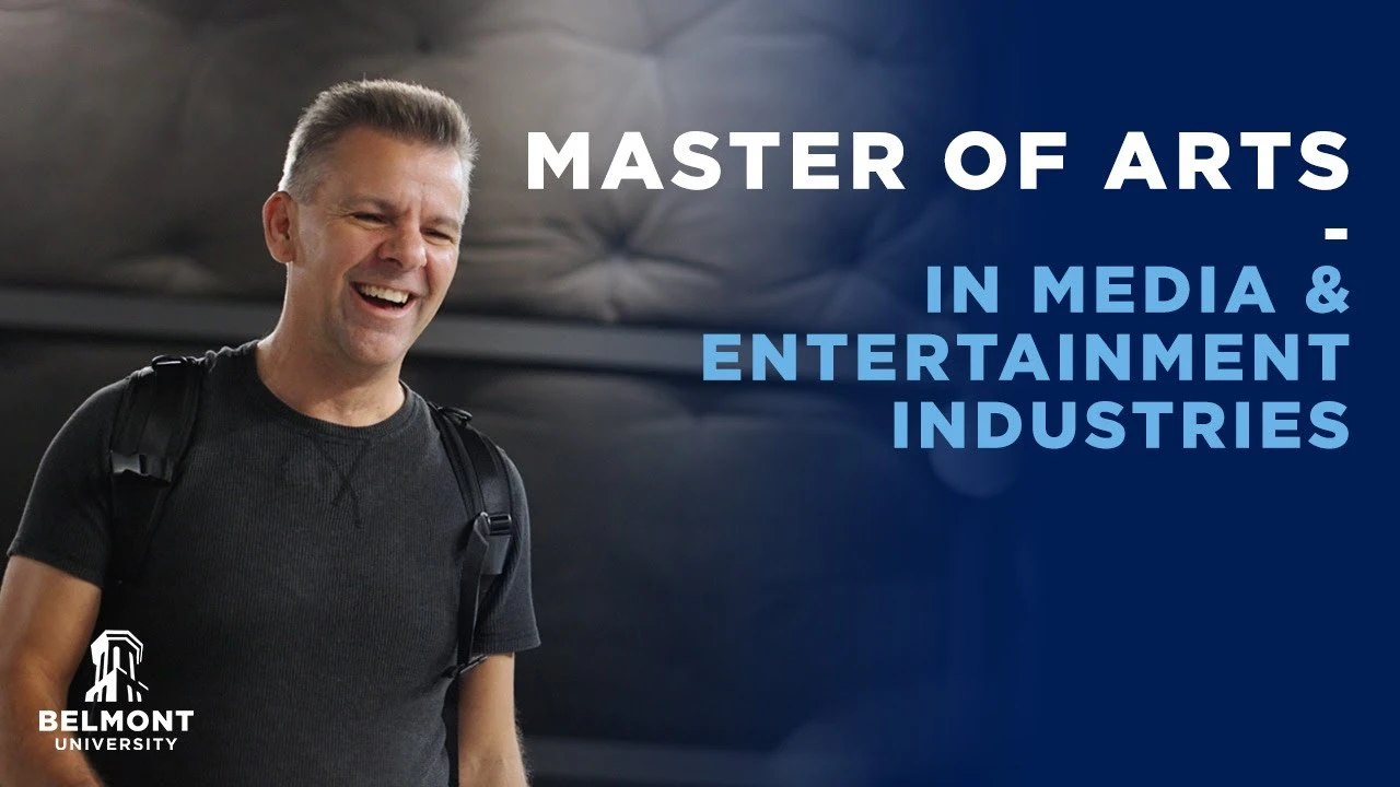 Smiling student wearing a backpack against a dark, blurred background. Bold white and light-blue text on the right reads ‘MASTER OF ARTS in MEDIA & ENTERTAINMENT INDUSTRIES,’ with the Belmont University logo in the lower left corner.