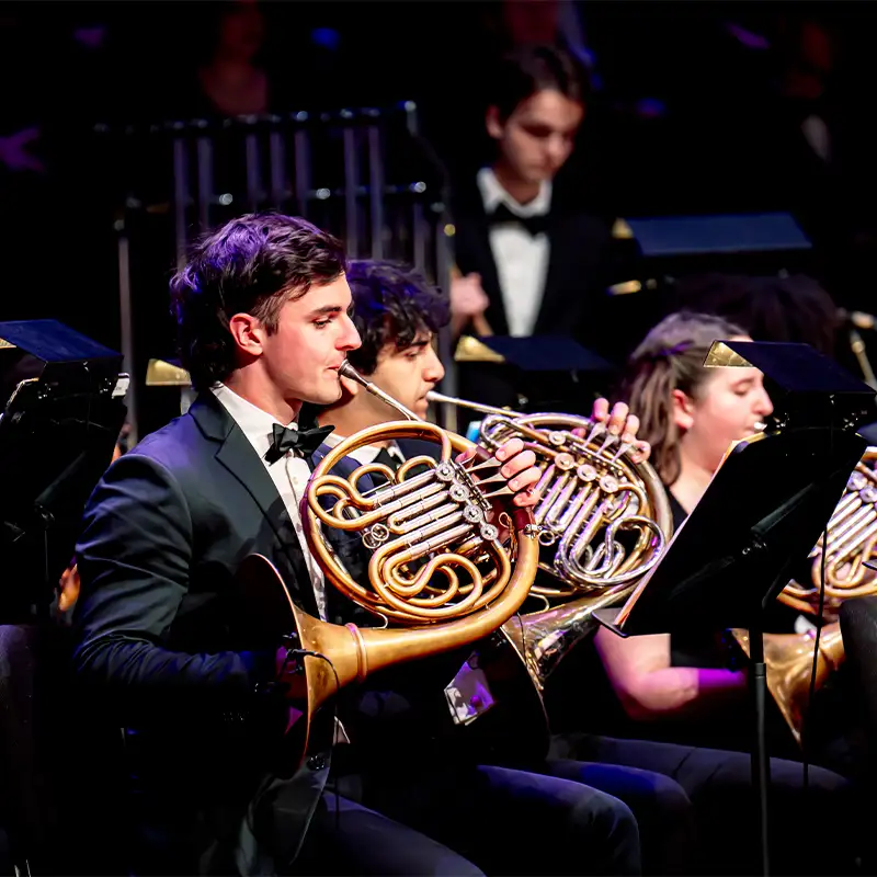 A group of musicians in formal attire perform in an orchestra, with a focus on a young man playing the French horn in the foreground. The ensemble is illuminated by stage lights, and music stands are visible, creating a vibrant concert atmosphere.