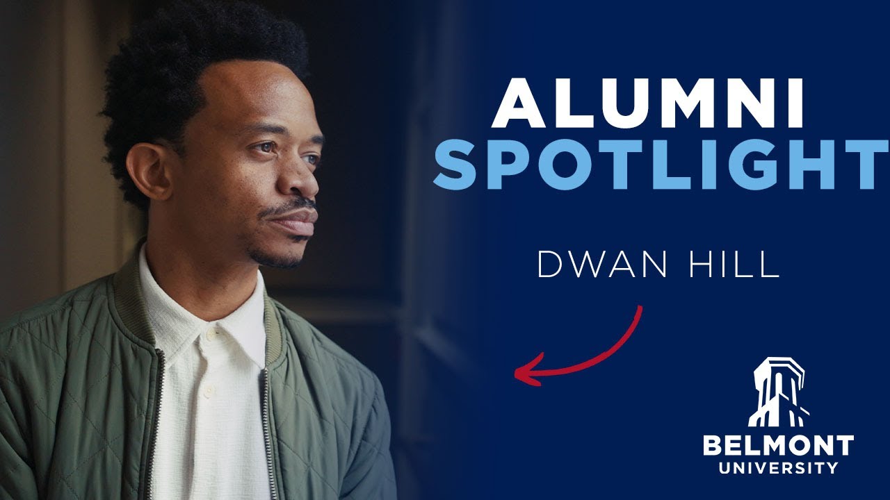 Dwan Hill, a Belmont alum, looks left in a promo graphic. Bold text, a red arrow, and the Belmont logo highlight his name.