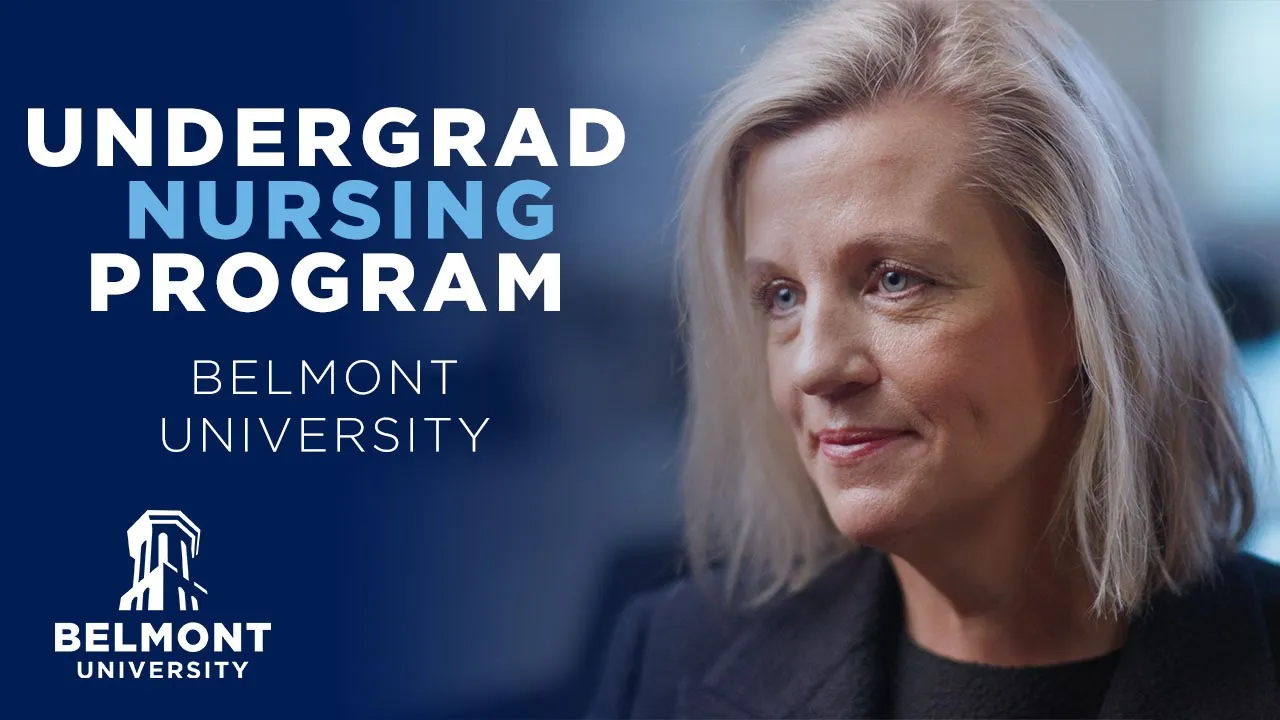  Dean Julie Honey, with light blonde hair and wearing a black jacket, smiles softly. Text on the image reads: "Undergrad Nursing Program" with Belmont University branding.