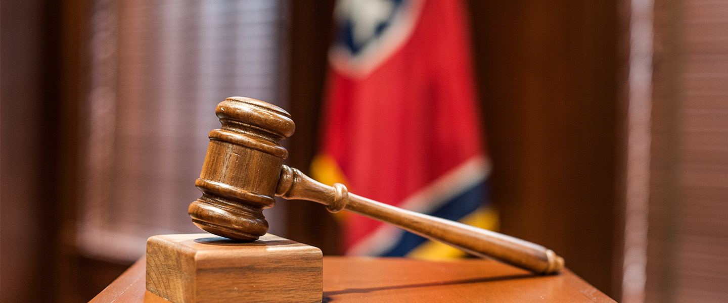 A gavel rests on its stand in the mock trial room at Belmont University.