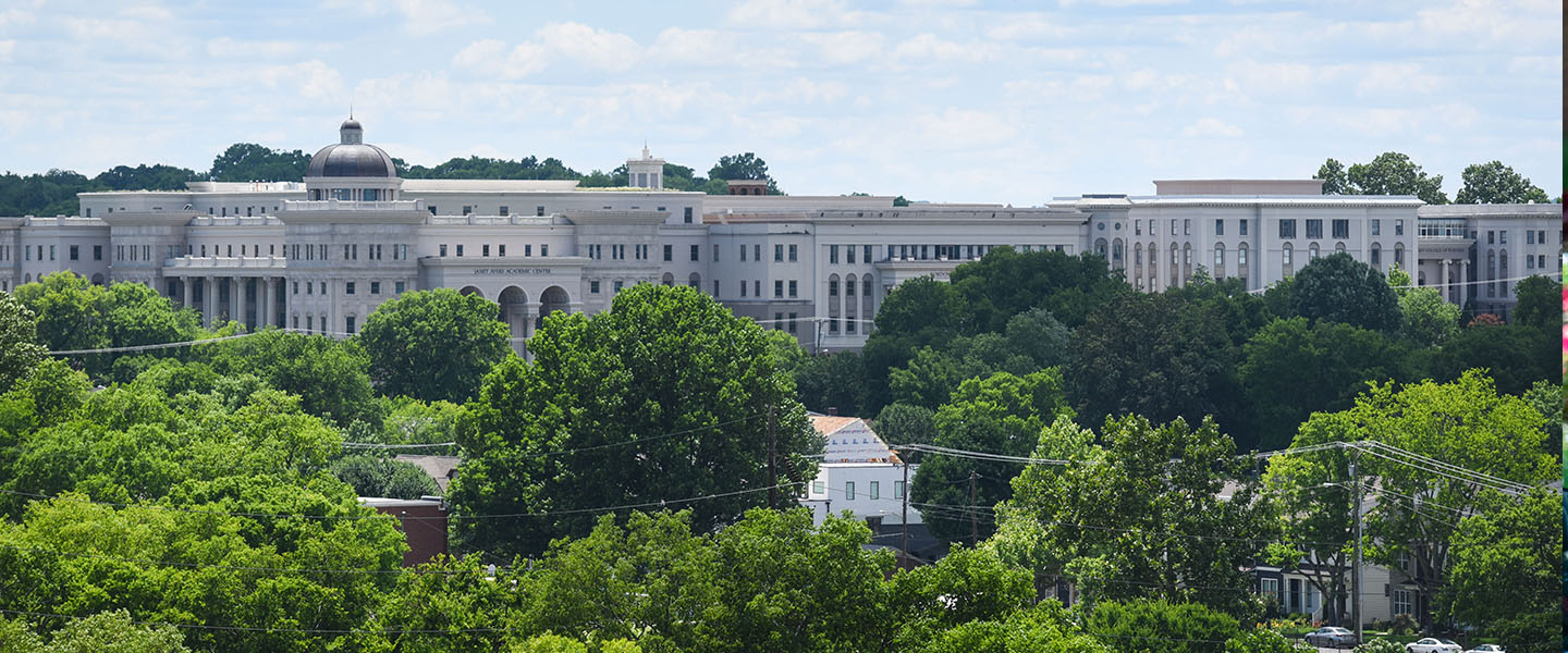 A view of the front of Belmont's campus over tree tops