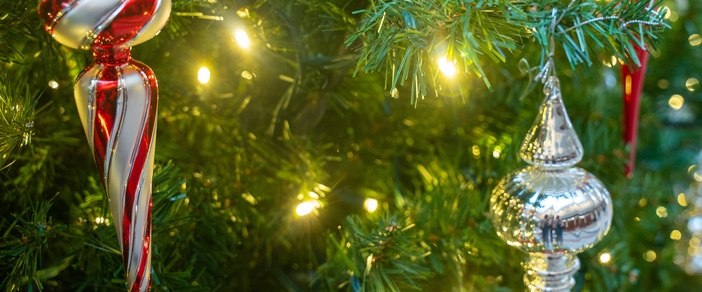 Close up image of a Christmas tree with ornaments