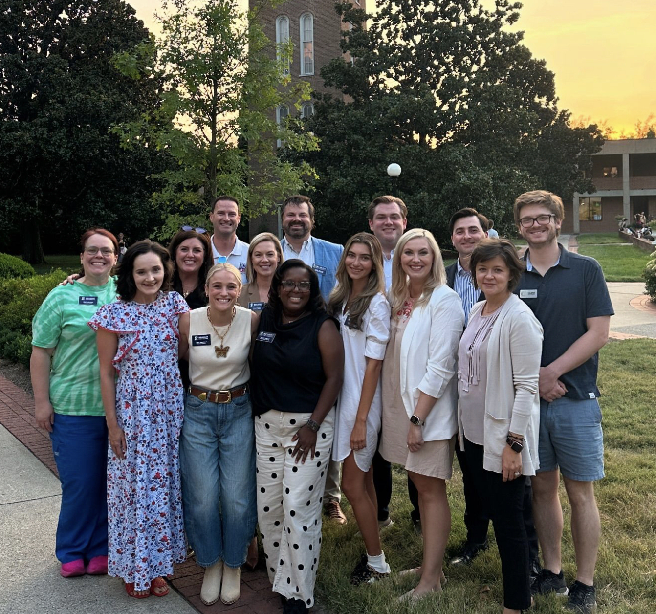 A photo of the Alumni Engagement Board of Directors in front of the Bell Tower