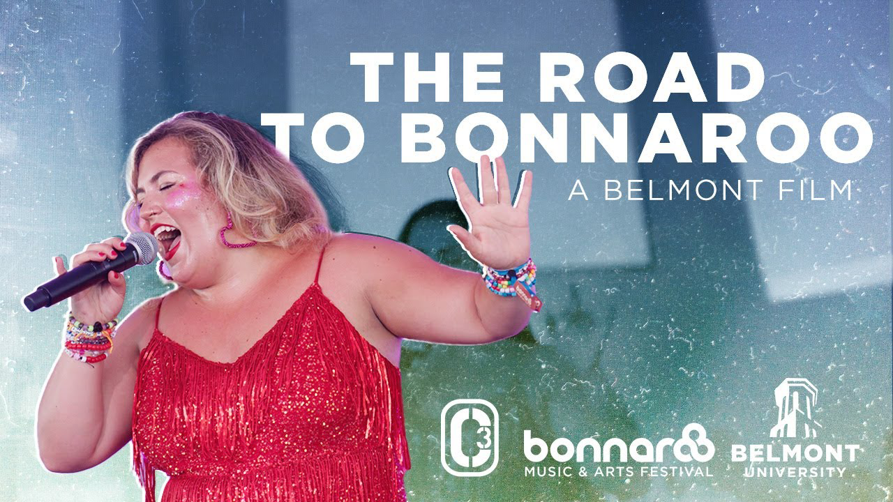 The Road to Bonnaroo in white text with the Belmont University and Bonnaroo logos over a picture of Molly Grace singing on stage