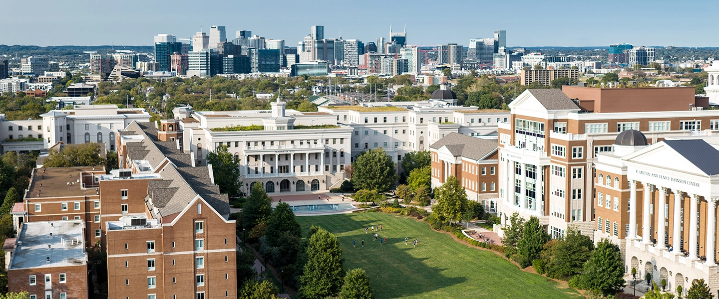 Aerial photo of Belmont University with downtown Nashville in the background