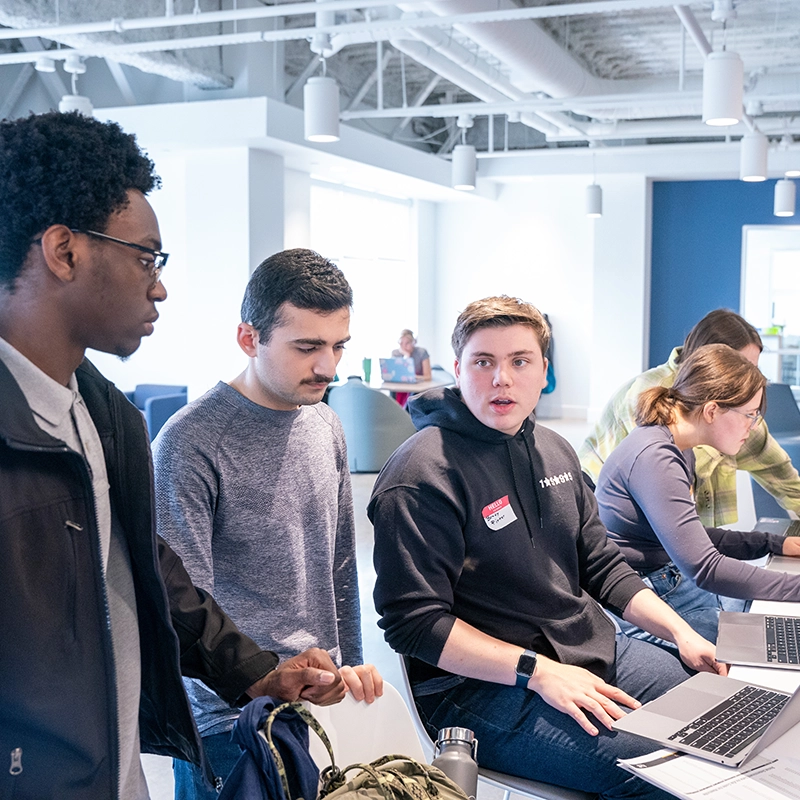 Students of different age groups and race discuss and talk in front of computers.