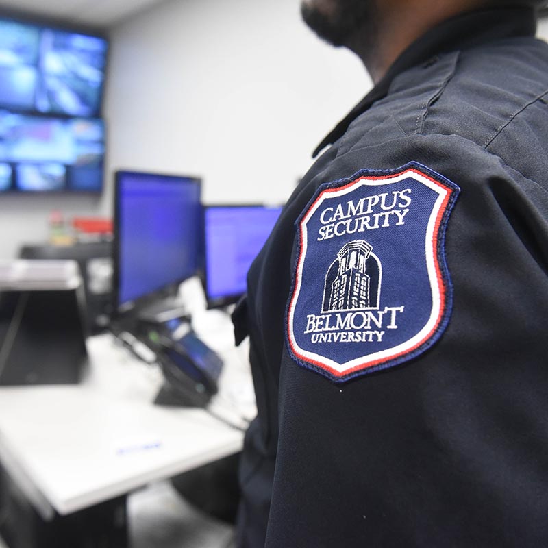 Close up of Security officers patch in the office of campus security