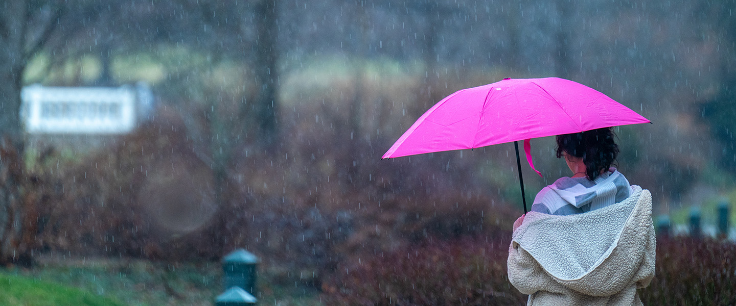 Student walking to class in rain while holding her pink umbrella