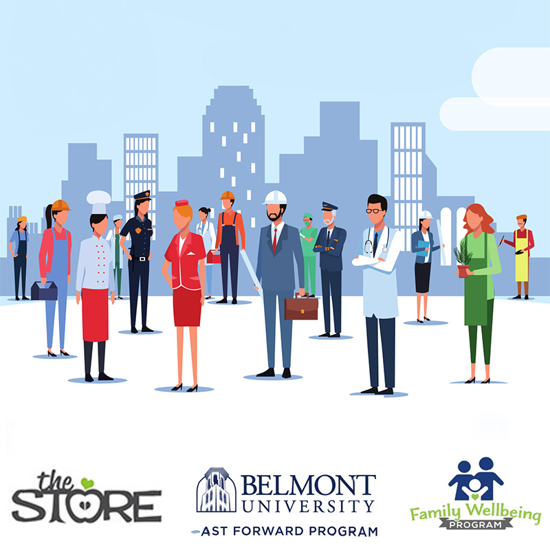 Cartoon men and women in different careers with the belmont fast forward logo, the store logo and the family wellbeing logo