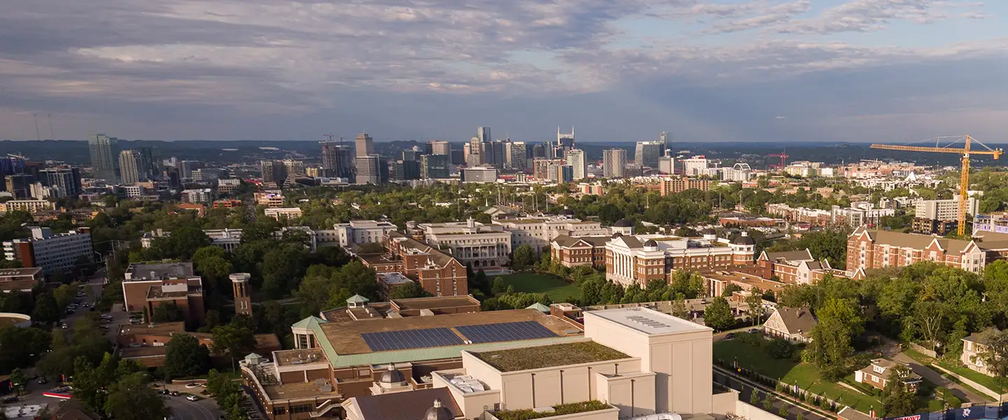 Aerial view of Belmont University with Nashville Skyline in the background