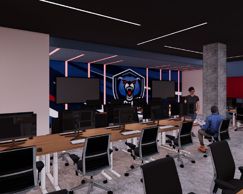 Rendering of a gaming area with multiple computer stations, people seated and interacting, and a logo on the wall.