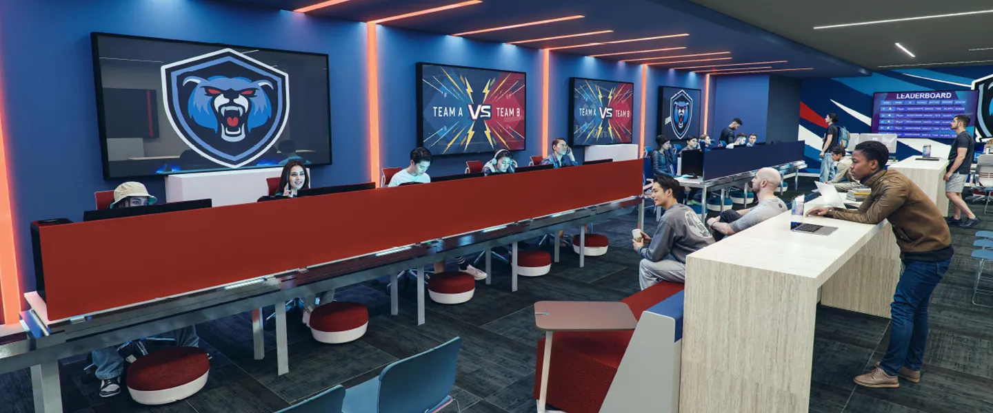 Rendering of an esports space with teams seated at computers, a leaderboard on the wall, and screens displaying match graphics.