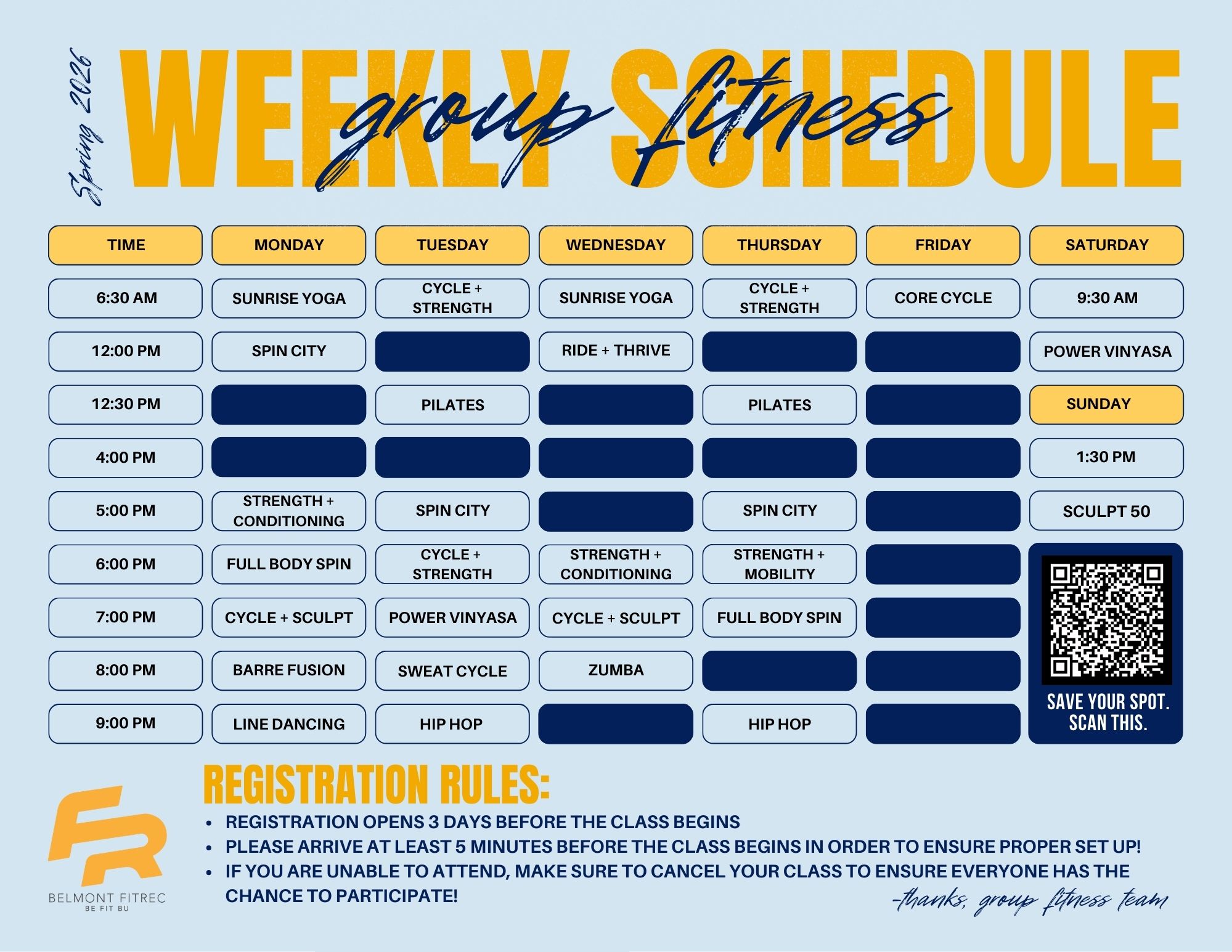 Spring 2026 Group Fitness Schedule