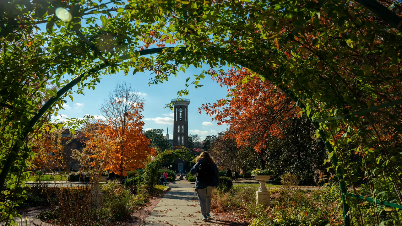 A person walks through a garden archway with lush greenery and vibrant autumn leaves. In the background, a tall bell tower stands under a clear blue sky.