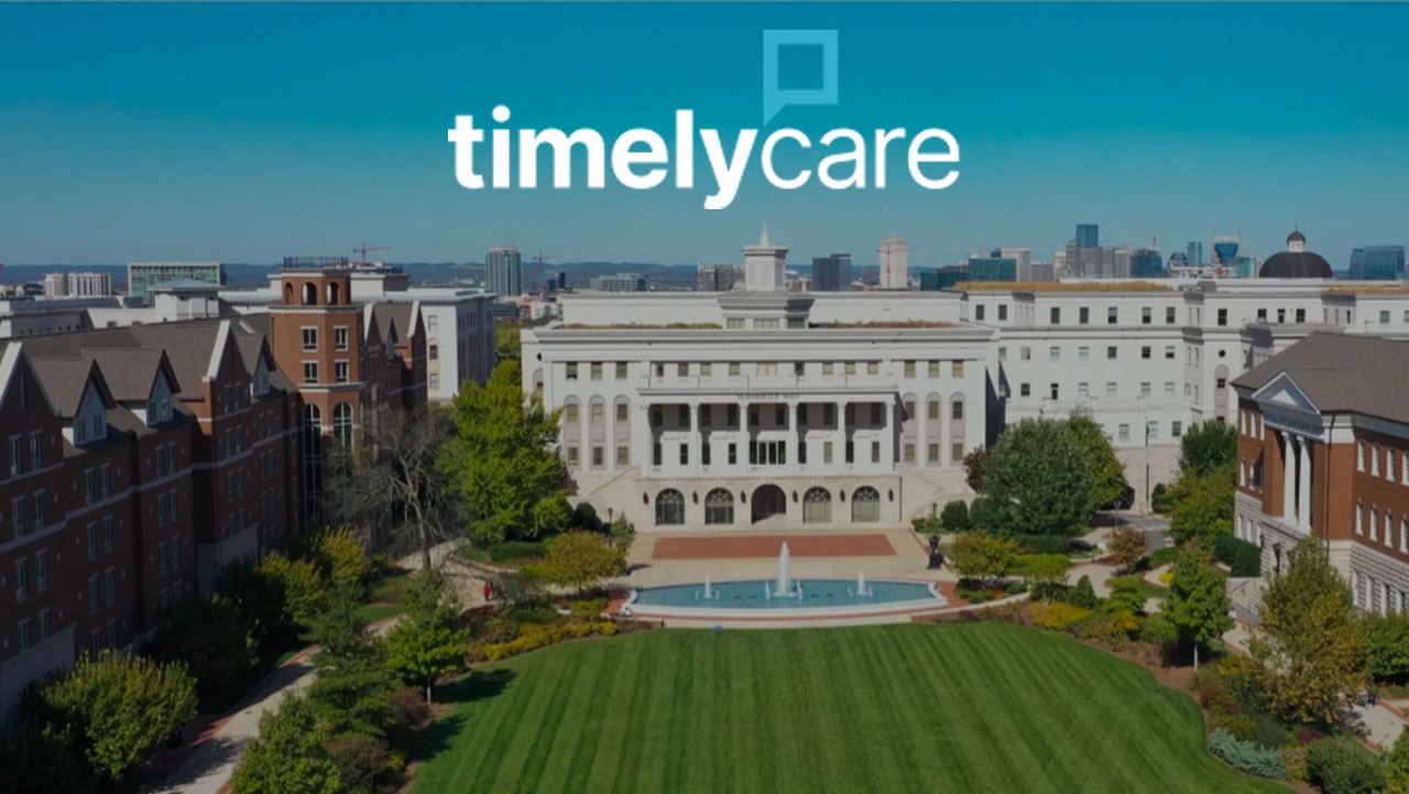 View of Belmont's main lawn with the TimelyCare logo