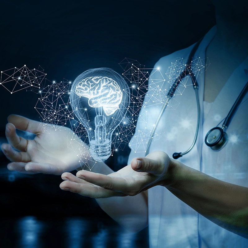 An abstract image of a person in a nursing coat with stethoscope with a light bulb floating above their hands and a geometric background.