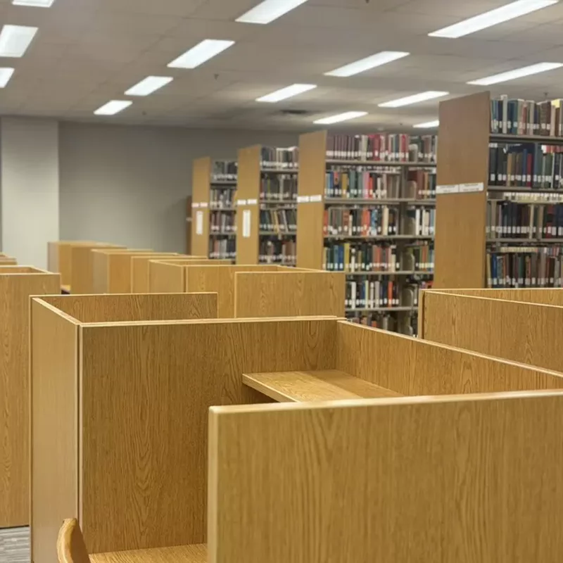 Private study carrels in a Lila D. Bunch Library second floor reading room
