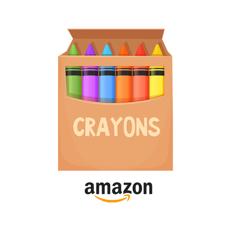 A illustration of a box of crayons with the Amazon logo underneath it.