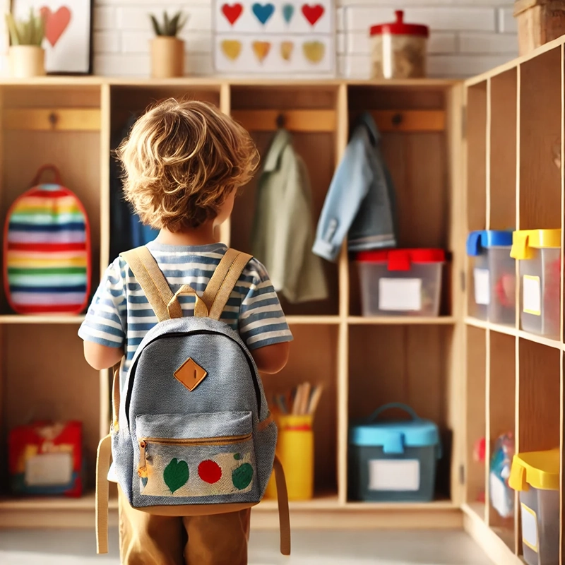 A little boy stands not facing the camera, with a backpack on his back and looking toward cubbies and a coat rack in a preschool.