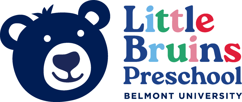 A logo for Little Bruins Preschool-a blue bear face and colored text