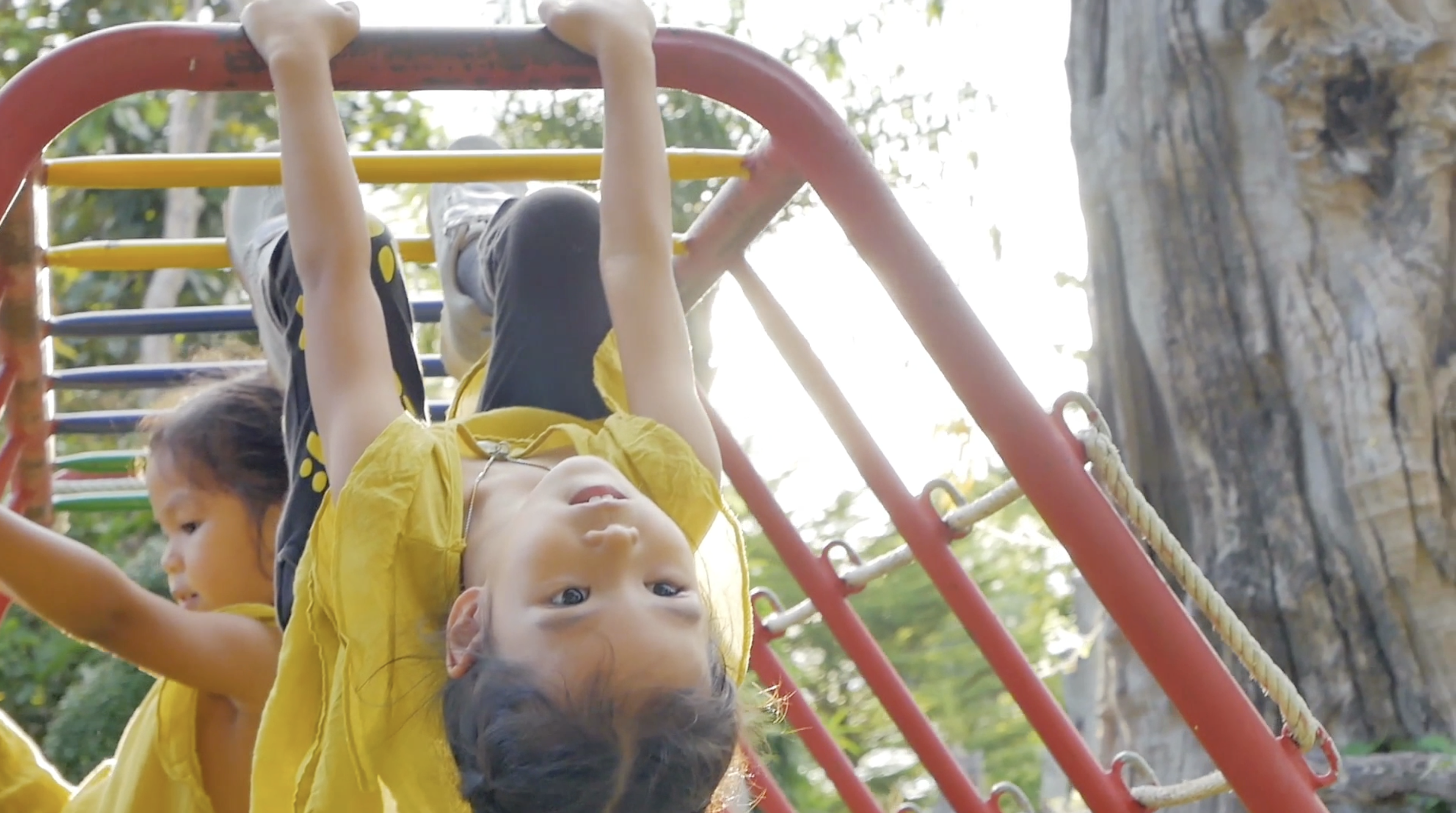 Two little girls playing in the sunlight on monkey bars.