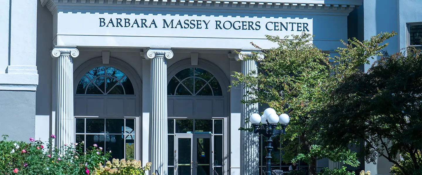 Outdoor photo of the south entrance of the Barbara Massey Rogers Center 