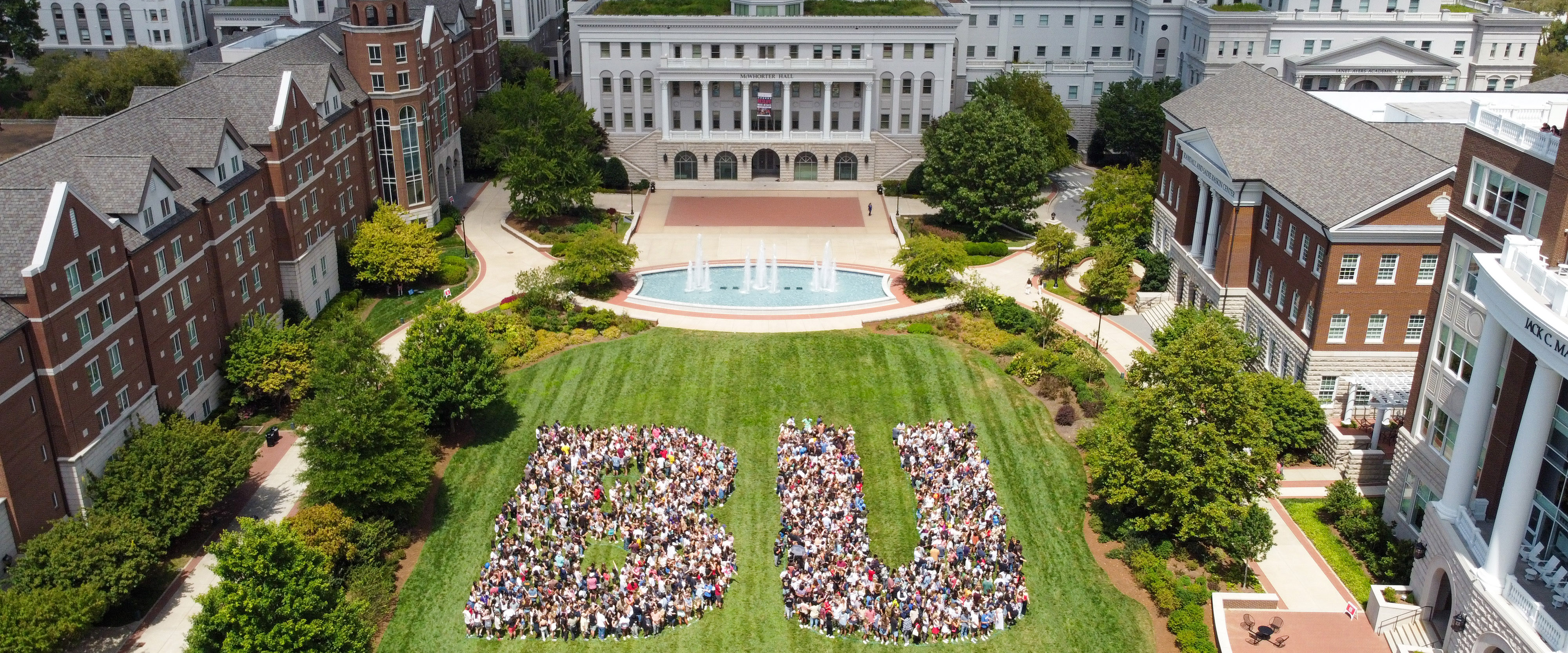 Class of 2028 spells out BU on the main lawn during welcome week