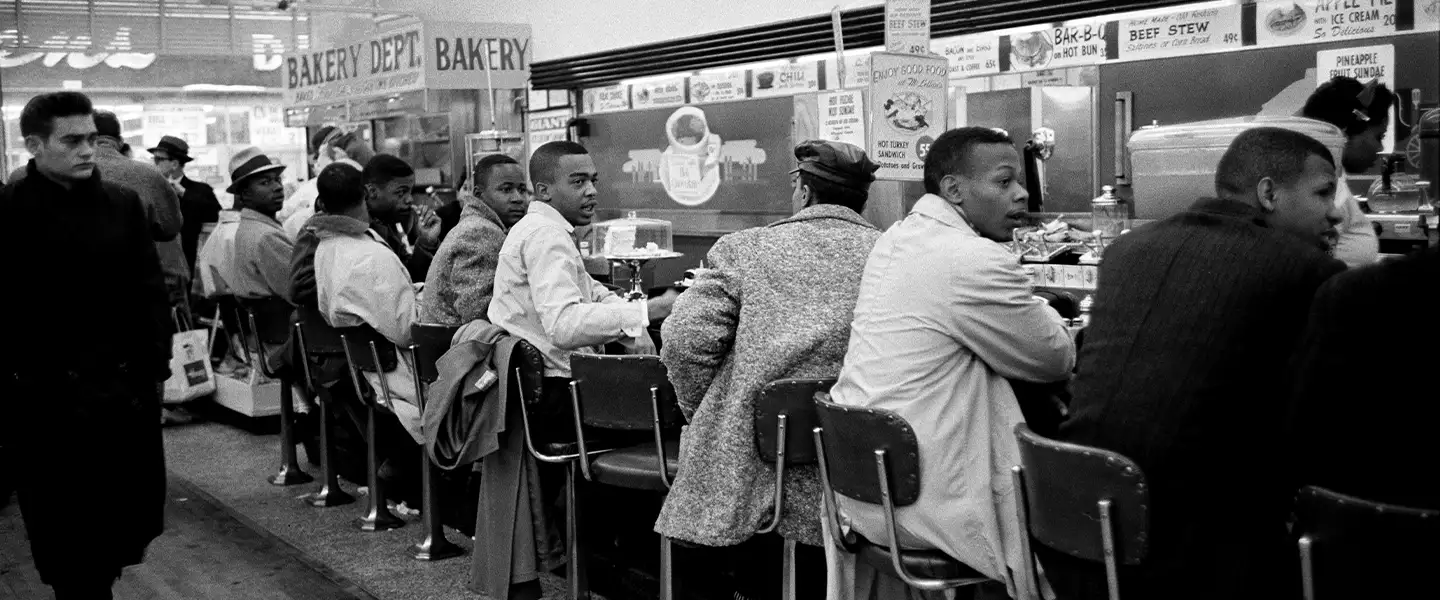 Demonstrators sitting at the McLellan’s lunch counter, 1960. Photograph courtesy of the Nashville Public Library.