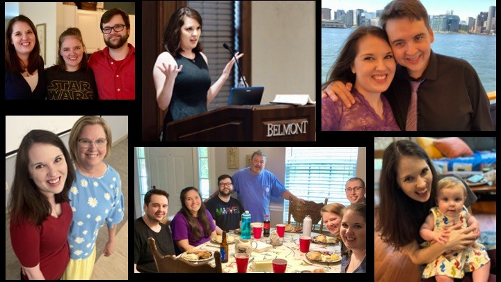 A collage of images showcasing Meg Tully in various settings. In the center, Meg is delivering a speech at a podium with a Belmont University logo. Other images include her with friends and family, enjoying meals, holding a baby, and posing with loved ones. Each photo reflects moments of joy and connection, capturing both professional and personal highlights of her life.