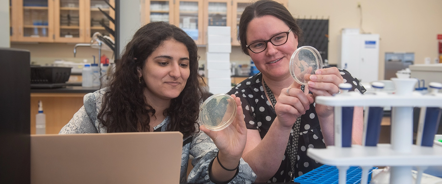 Two female adults examining a petri dish