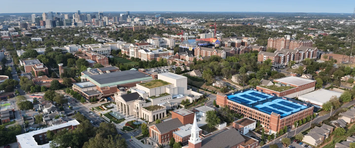 Aerial view of Belmont University’s campus, featuring a mix of modern and traditional buildings