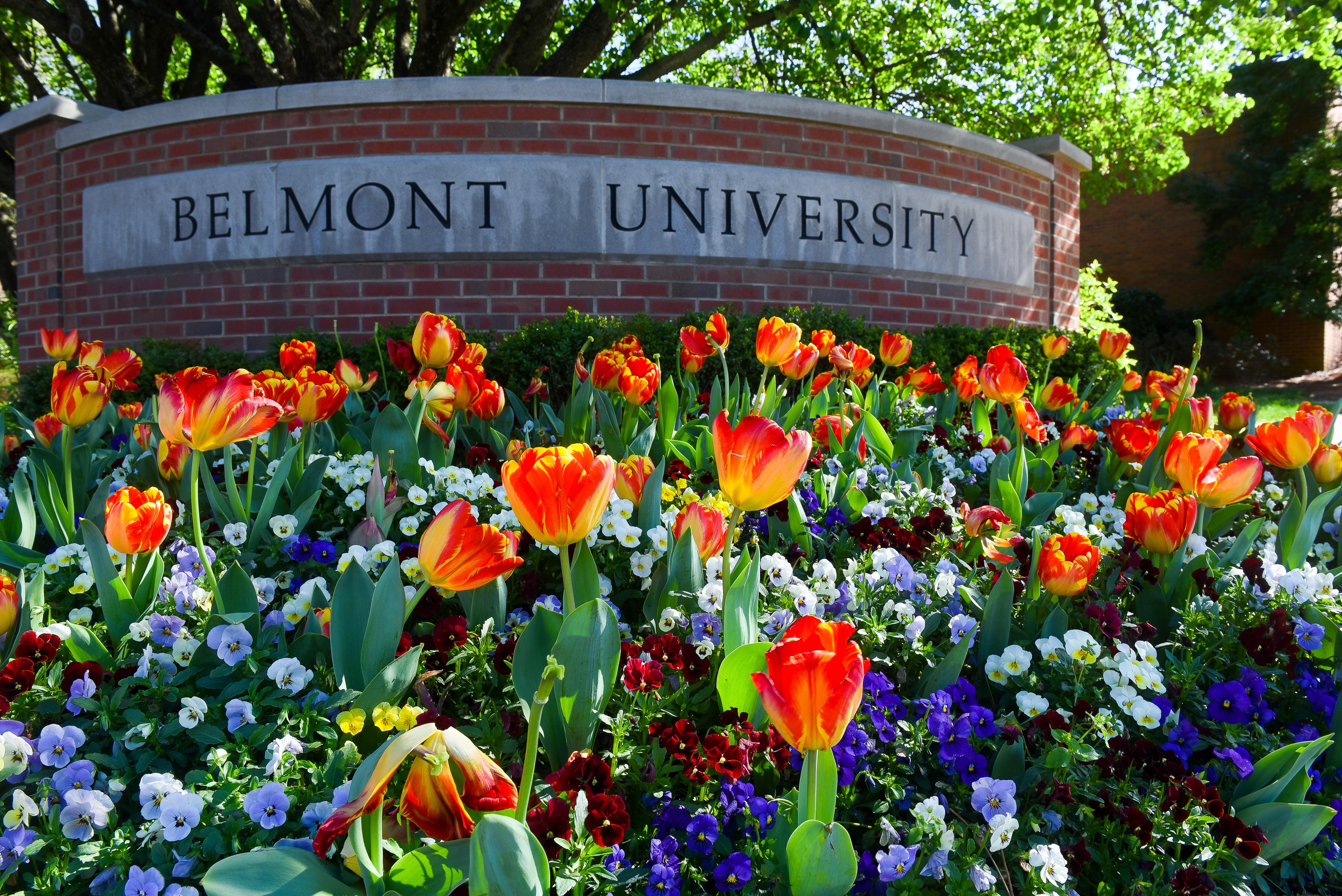 Sign that reads "Belmont University" with flowers in front