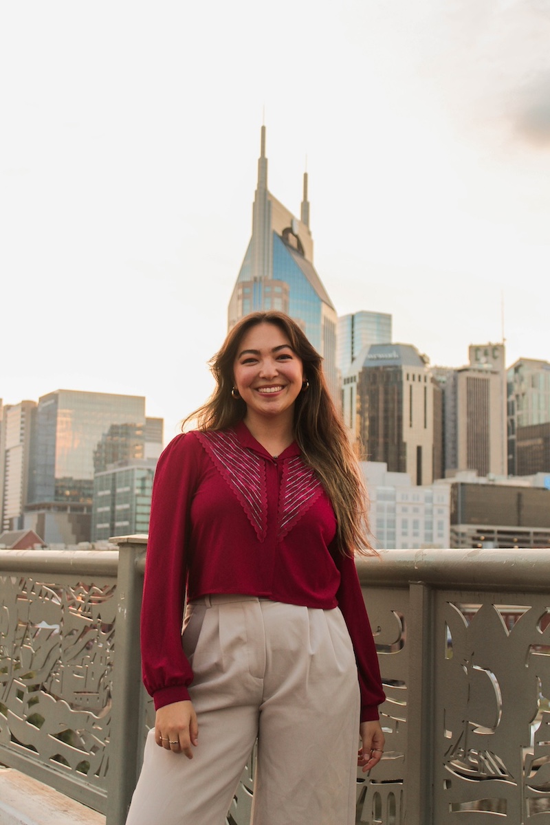 Calista Morrison in front of the AT&T building (the Batman Building) in downtown Nashville