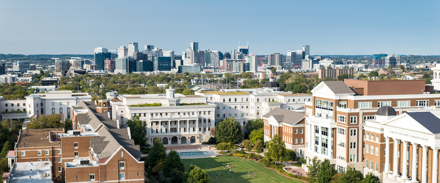 Drone shot of Belmont's main lawn and surrounding buildings