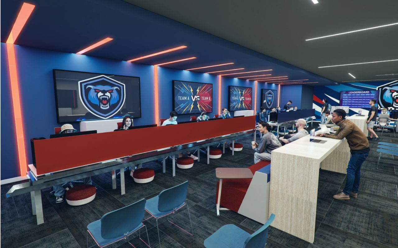 Rendering of the esports lounge arranged for a competitive match between two teams