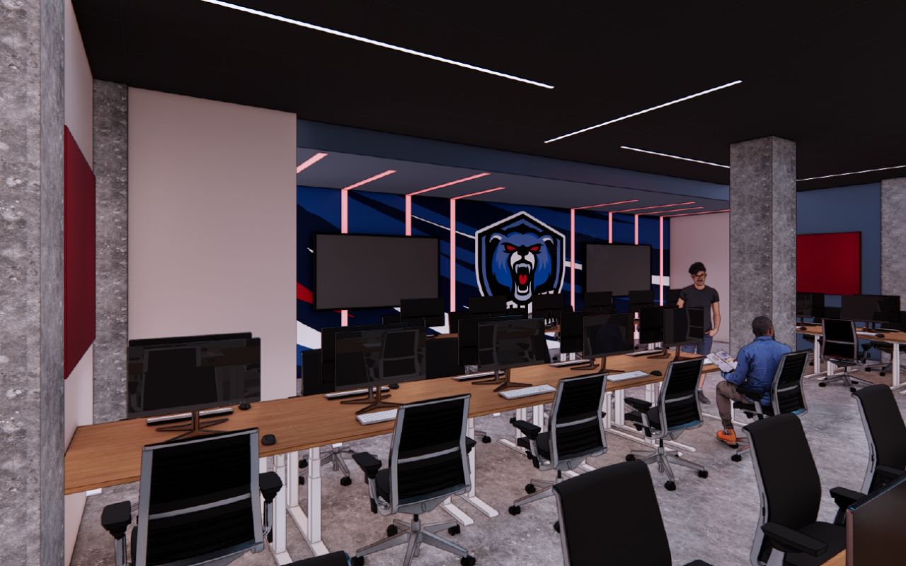 Rendering of the esports lounge featuring the PCs set up for casual drop-in play